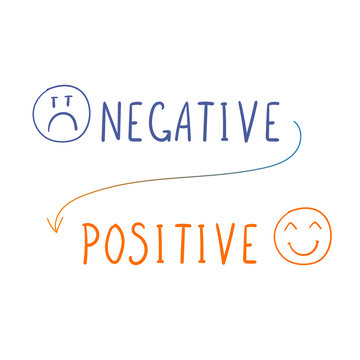 Vector Negative - Positive Image, Doodle Smiley Faces And Handwritten Words.