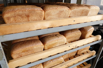 Fresh bread in the bakery. Healthy and nutritious food. The product contains carbohydrates.