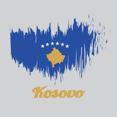 Brush style color flag of Kosovo Flag, a blue field charged with a map of Kosovo in gold, surmounted by an arc of six white star. with name text Kosovo.