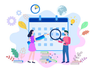 Vector illustration, whiteboard with schedule plans, work in progress, people filling out the schedule in the table, work planning, Concept for web page, banner, presentation, social media, documents