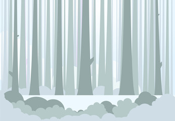 Silhouette of tree trunks, bushes and glowing light on background. Winter or autumn forest background with meadow in the middle to put object. Misty woods and morning fog.