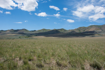 Fototapeta na wymiar Antelope Island State Park in Utah. Beautiful green foothills landscape along the Great Salt Lake