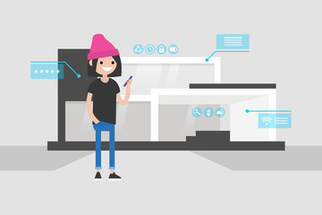 Smart home technology. Young female character holding a smartphone. Remote control. Application interface. Pop up windows and icons. Flat editable vector illustration, clip art
