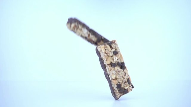 Bars of muesli falling in slow motion (20x speed).