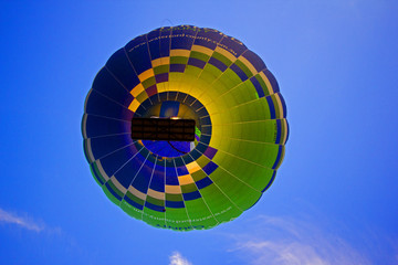 Below view of hot air balloon against blue sky