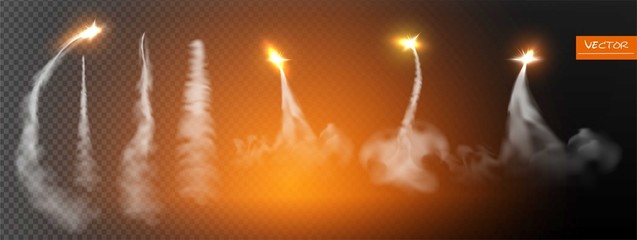 Airplane condensation trails. Jet trailing smoke isolated vector set. Foggy trail jet or plane, smoky effect after rocket. Flash rockets. Vector illustration. © our_Vector