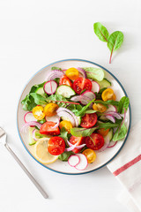 healthy colorful vegan tomato salad with cucumber, radish, onion