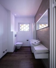 Fototapeta na wymiar Modern minimal bathroom with parquet