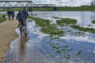 spacerujący i jadący na rowerze po bulwarach zalanych przez wiosenną powódź