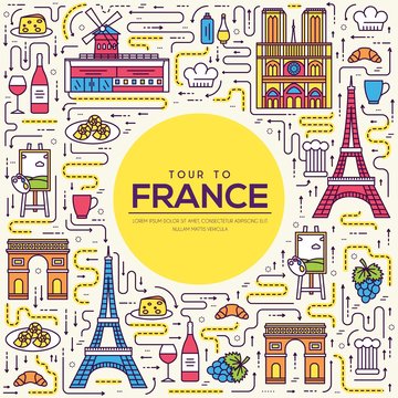 Country France travel vacation guide of goods, place and feature. Set of architecture, fashion, people, item, nature background concept. Infographic traditional ethnic flat, outline, thin line icon