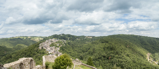 View of village and countryside  from hilltop Castle of Najac in the Aveyron, France