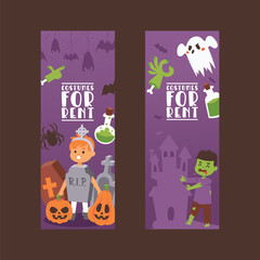 Halloween kids costume trick or treat party costumes vector characters. Little child people Halloween bat, candy, ghost, zombie kids costume fun cartoon boys and girls carnival party website banner