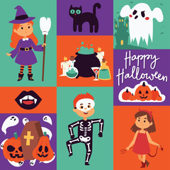 Halloween kids costume trick or treat party costumes vector characters. Little child people Halloween bat, candy, ghost, zombie kids costume fun cartoon boys and girls carnival party website banner