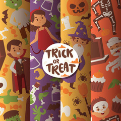Halloween kids costume trick or treat party costumes vector characters. Little child people Halloween bat, candy, ghost, zombie kids costume fun cartoon boys and girls carnival party website banner