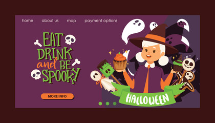Cute little Halloween girl witchs with broom cartoon set of happy Halloween greeting invintation poster card party design print magic card fantasy young character costume hat vector illustration