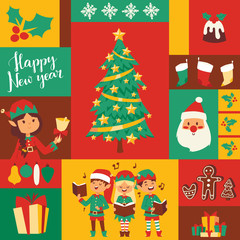 Santa Claus elf kids helpers vector illustration children celebrate Cristmas party. Santa helpers in traditional costume Xmas 2019 background. Elf christmas kids