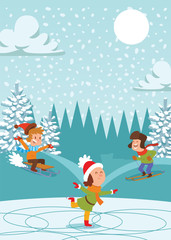 Christmas kids playing winter games skating, skiing, sledding, girl dresses up Christmas tree, boy and girl makes a snow man, children playing snowballs. Cartoon New Year winter holidays background