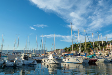 Naklejka premium August 13, 2018, small fishermans and yacht haven, marina in Saint-Mandrier-sur-Mer, Provence, France