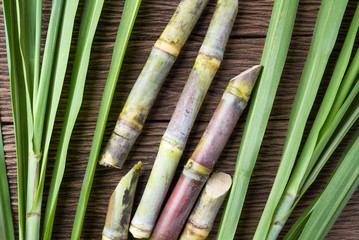 Close up sugarcane on wood background close up..