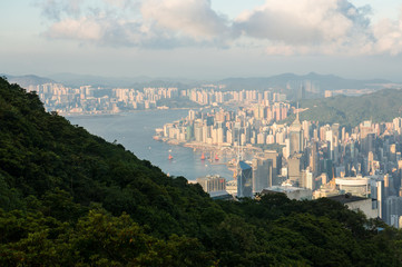 Hong Kong Skyline and Victoria Bay as seen from a natural Viewpoint high above the city