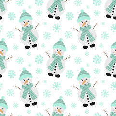 Seamless pattern for Christmas and New Year. Vector hand-drawn illustration of a merry snowman in a scarf and hat with blue snowflakes.