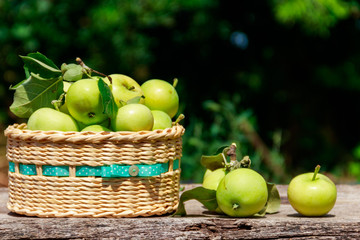 Fresh ripe apples in basket on the rustic wooden table outdoor