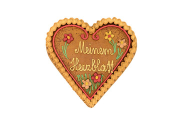 Gingerbread heart shape valentines day gift on white isolated background