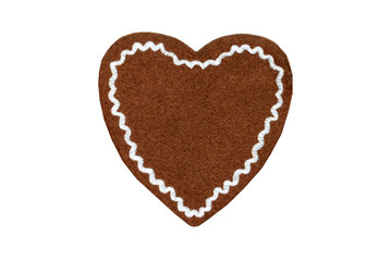 textile Gingerbread heart shape valentines day gift with copy space on white isolated background.