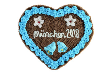 Crochet Gingerbread heart  Oktoberfest Muenchen 2018 (engl. Munich) on white isolated background