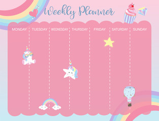 Pastel weekly calendar planner with unicorn,rainbow,glasses and cupcake