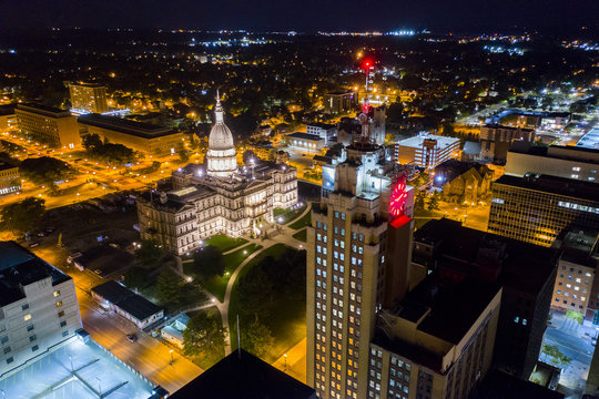 Downtown Lansing Michigan Night Aerial Photo