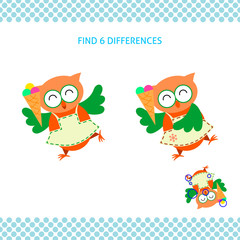 Find differences kids educational game. Cartoon smiling owl  with ice-cream