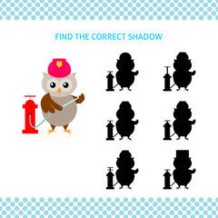 Find the correct shadow kids educational game. Cartoon owl firefighter with hydrant