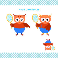 Find differences kids educational game. Funny cartoon owl with tennis racket