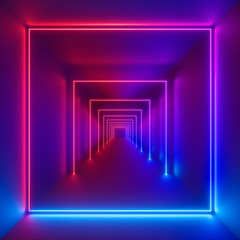 3d render, neon lights, laser show, glowing lines, virtual reality, abstract fluorescent background, optical illusion, cubic room, corridor, night club interior - obrazy, fototapety, plakaty
