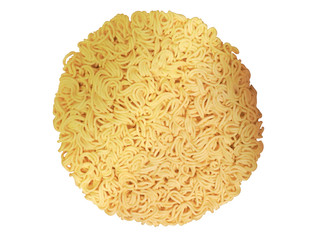 Top view of yellow color and round shape dry instant noodles isolated on white background.