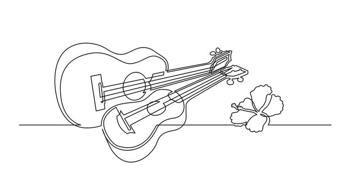 Animation of continuous line drawing of ukulele guitars and Hawaiian flower