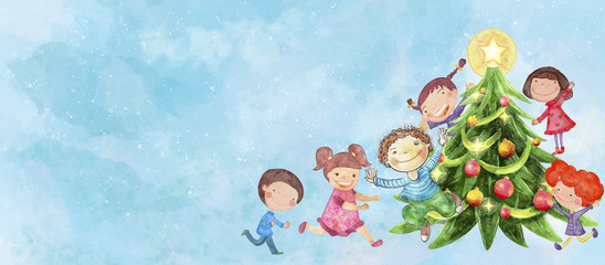 Happy children with Christmas tree. Watercolor on canvas. Background