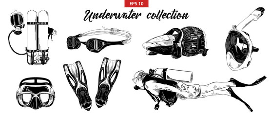 Vector engraved style illustration for posters, decoration. Hand drawn sketch of scuba diving, underwater and snorkeling set isolated on white background. Detailed vintage etching drawing.