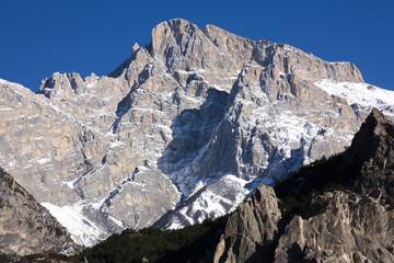 Mountain landscape, the snow covered the peaks.