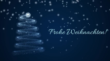Merry christmas (Frohe Weihnachten in german language) video greeting. Christmas tree from particles, fading from bottom to top. Falling snow in background. - Powered by Adobe