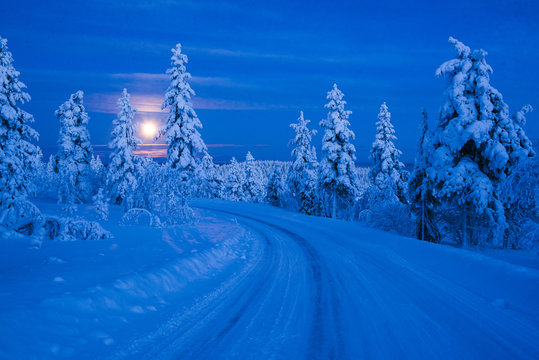 Super moon (full moon) landscape, Lapland, Pallas-Yllastunturi National Park, Lapland, Finland