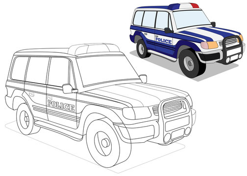 The police car. Coloring. Vector illustration. Isolated on white background.