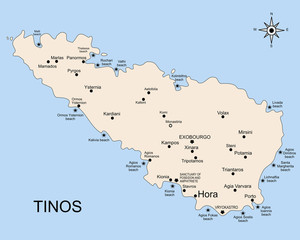 The geography map of Tinos island, in the archipelago of the Cyclades islands. There is indicated the position of towns and beaches.