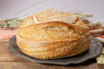 Sourdough homemade round white wheat bread close up
