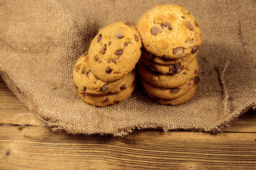Chocolate chip cookies on wooden table