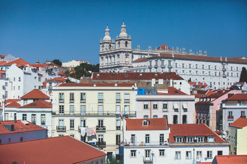 Fototapeta na wymiar Beautiful super-wide angle aerial panoramic view of Lisbon, Portugal, with Alfama district and historical old town, seen from the observation deck belvedere