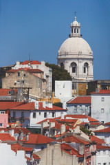 Obraz premium Beautiful super-wide angle aerial panoramic view of Lisbon, Portugal, with Alfama district and historical old town, seen from the observation deck belvedere