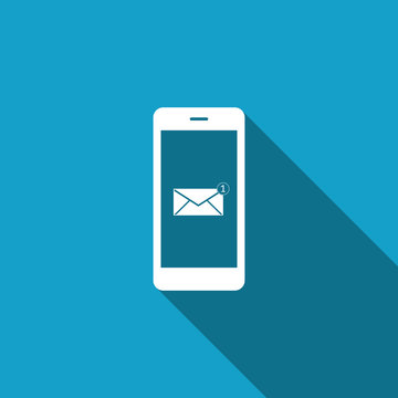 Received message concept. New email notification on the smartphone screen icon isolated with long shadow. New message on the phone screen. Mail delivery service. Flat design. Vector Illustration