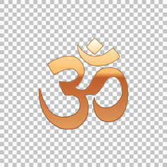 Gold Om or Aum Indian sacred sound isolated object on transparent background. Symbol of Buddhism and Hinduism religions. The symbol of the divine triad of Brahma, Vishnu and Shiva. Vector Illustration